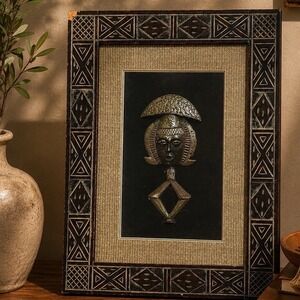 Vintage African Kota Mahongwe Reliquary 3D Wall Art Hand Carved Geometric Frame